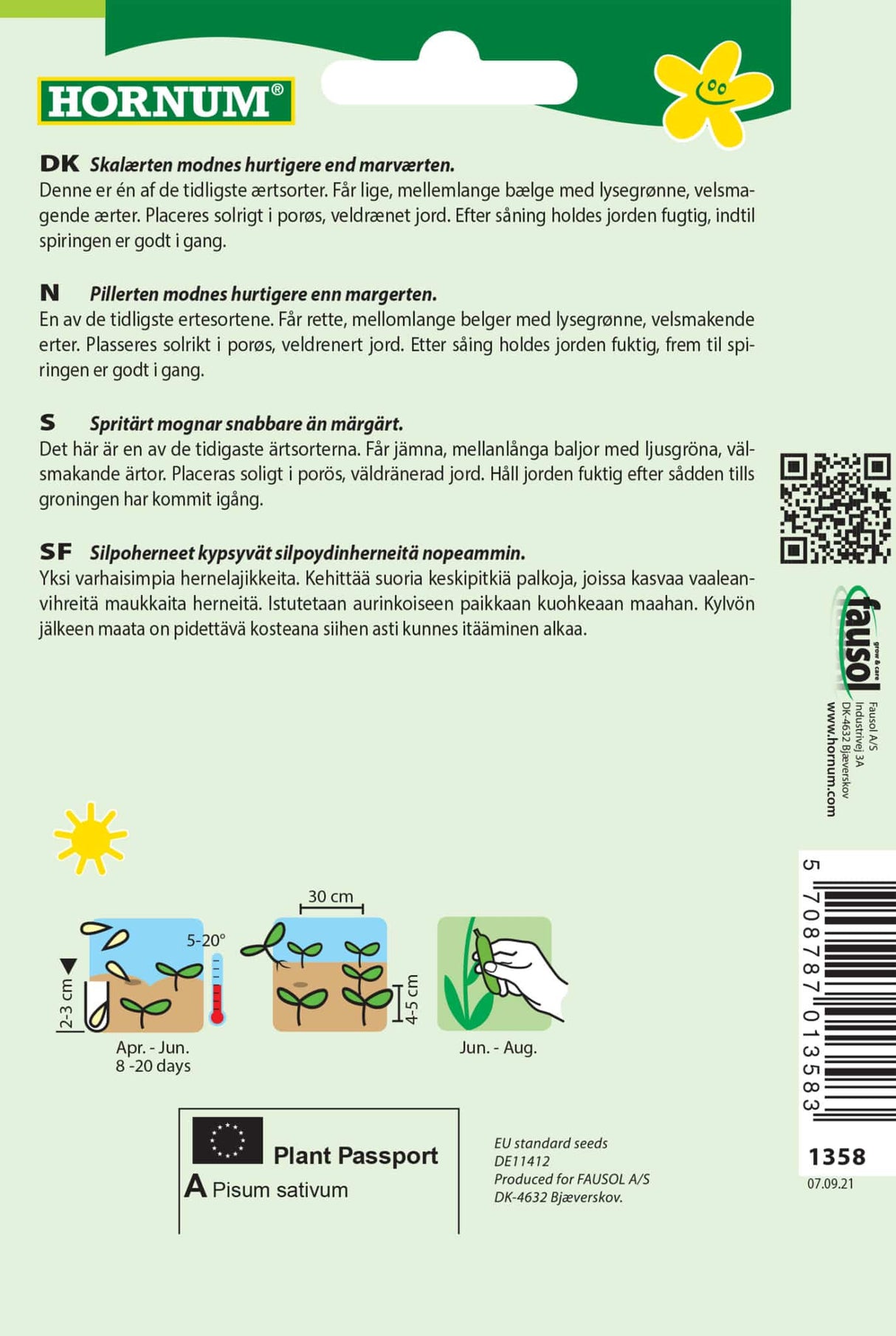 Ærter Skal lav 'Frühe Harzerin' Frø