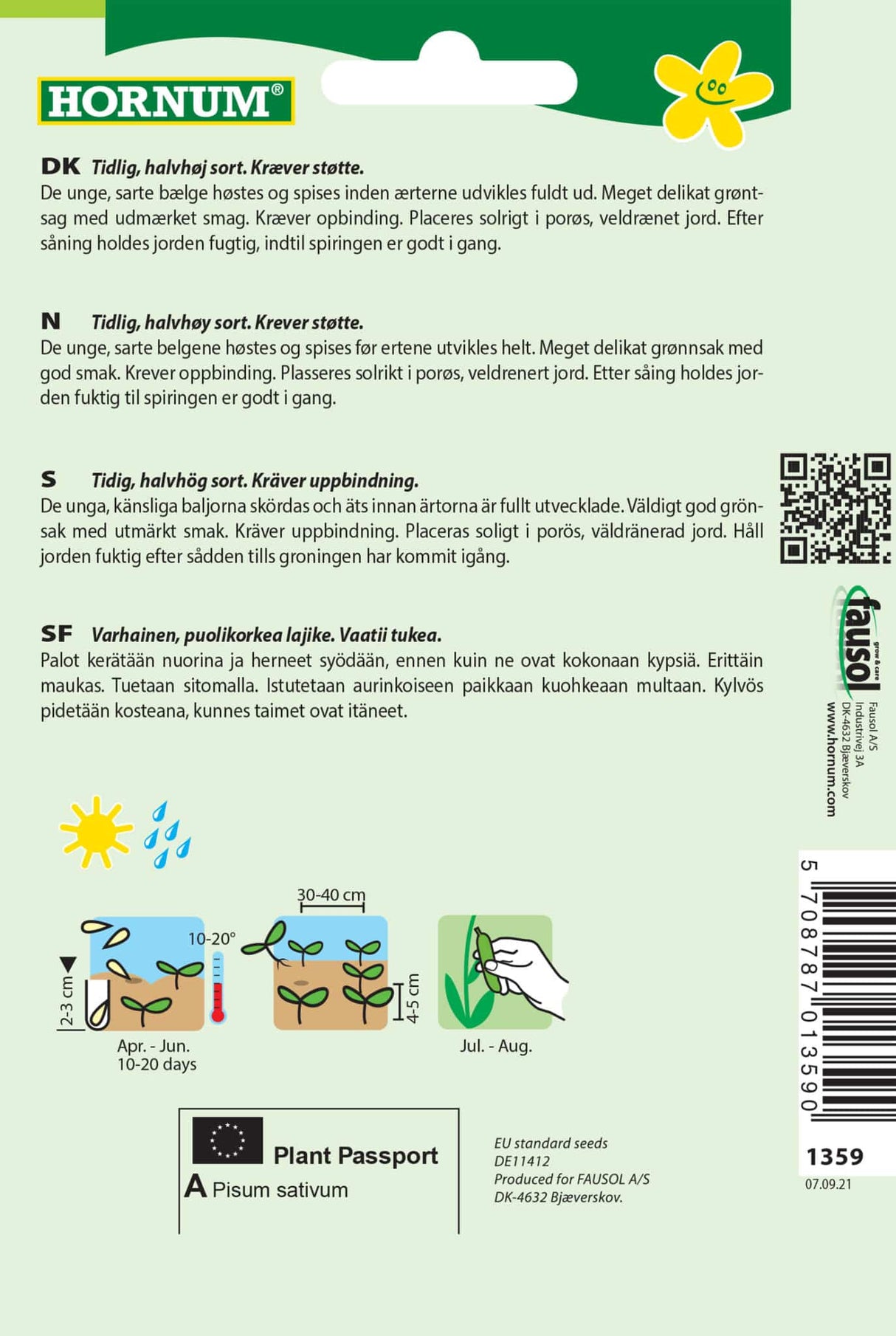 Ærter Sukker halvhøj 'Vroege Hendriks' Frø